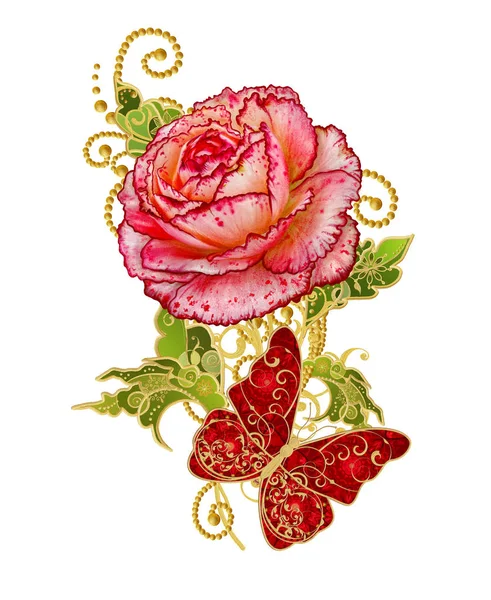 높은 줄기, 밝은 빨간 장미, 페이 즐 리 장식의 요소에 양식된 황금 반짝 꽃. 흰색 배경에 고립. Openwork 직물, 섬세 한 보석의 나비. — 스톡 사진