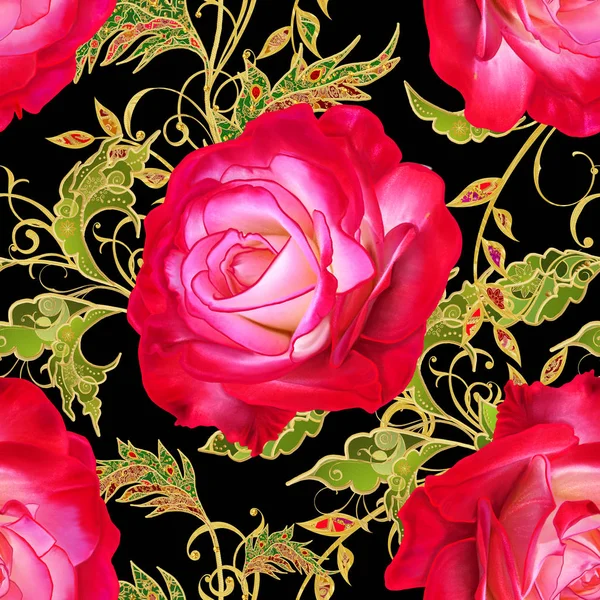 Seamless modeli. Altın dokulu bukleler. Parlak dantel, stilize çiçekler, kırmızı gül. Narin, altın arka plan, Paisley dokuma Ajur.