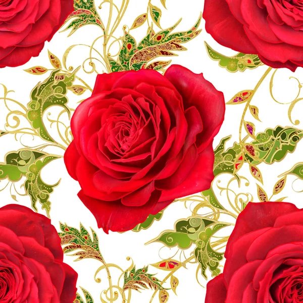 Seamless mönster. Gyllene texturerat lockar. Lysande spetsar, stiliserade blommor, röd ros. Genombrutna väva fina, gyllene bakgrund, Paisley. — Stockfoto