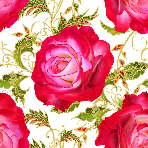 Seamless modeli. Altın dokulu bukleler. Parlak dantel, stilize çiçekler, kırmızı gül. Narin, altın arka plan, Paisley dokuma Ajur.