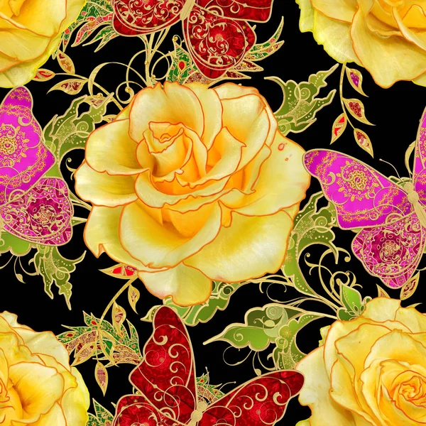 Patrón sin costuras. Frontera vertical. Rizos dorados texturizados. Brillante encaje, flores estilizadas, rosa amarilla. Calado tejido delicado, fondo dorado, Paisley, mariposa de joyero . — Foto de Stock