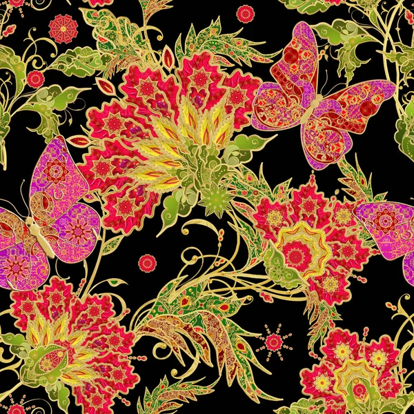 Seamless modeli. Dikey kenarlık. Altın dokulu bukleler. Parlak dantel, stilize çiçek, pembe pastel gül. Narin, altın arka plan, dokuma Ajur Paisley, kuyumcu 's kelebek.