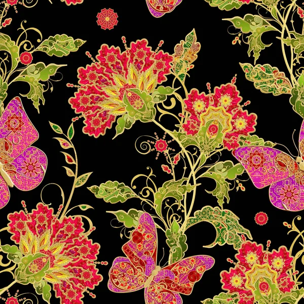 Seamless modeli. Dikey kenarlık. Altın dokulu bukleler. Parlak dantel, stilize çiçek, pembe pastel gül. Narin, altın arka plan, dokuma Ajur Paisley, kuyumcu 's kelebek.