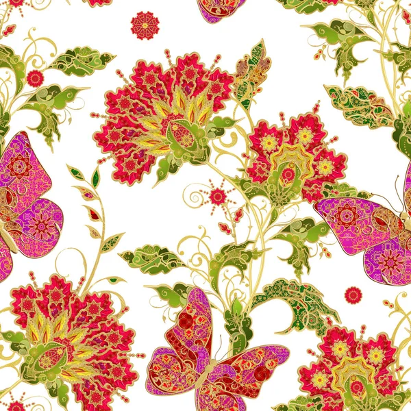 Seamless modeli. Dikey kenarlık. Altın dokulu bukleler. Parlak dantel, stilize çiçek, pembe pastel gül. Narin, altın arka plan, dokuma Ajur Paisley, kuyumcu 's kelebek.