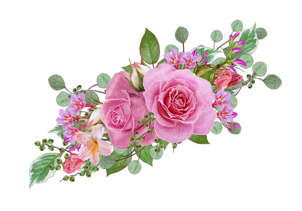 Blommig bakgrund. Bukett, sammansättningen av anbud pastell rosa rosor, bär, blommor, grenar, blad. Gratulationskort, inbjudan, visitkort. Isolerad på vit bakgrund. — Stockfoto