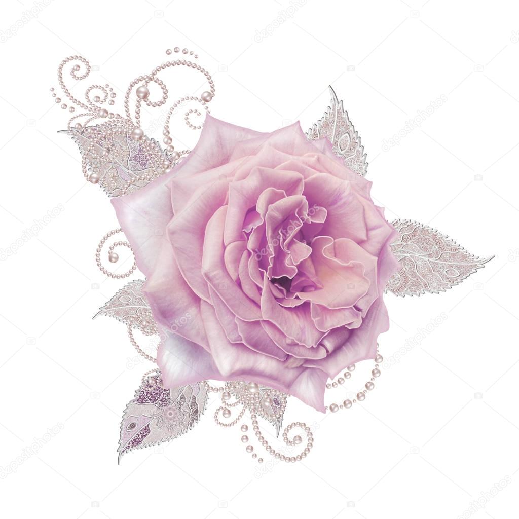 Decorative decoration, paisley element, delicate textured silver leaves made of fine lace and pearls. Jeweled shiny curls, thread from beads, bud pastel pink rose. Openwork weaving delicate