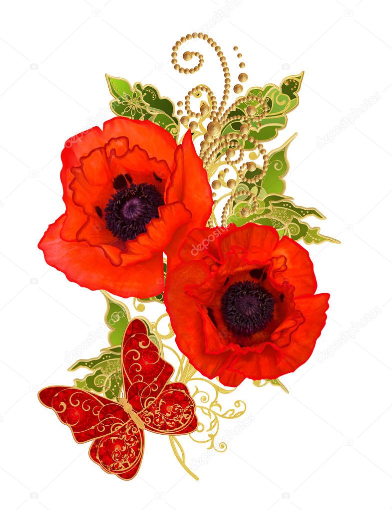 Stylized golden shiny flowers on high stems, elements of paisley decor, red poppies. Isolated on white background. Openwork weaving delicate