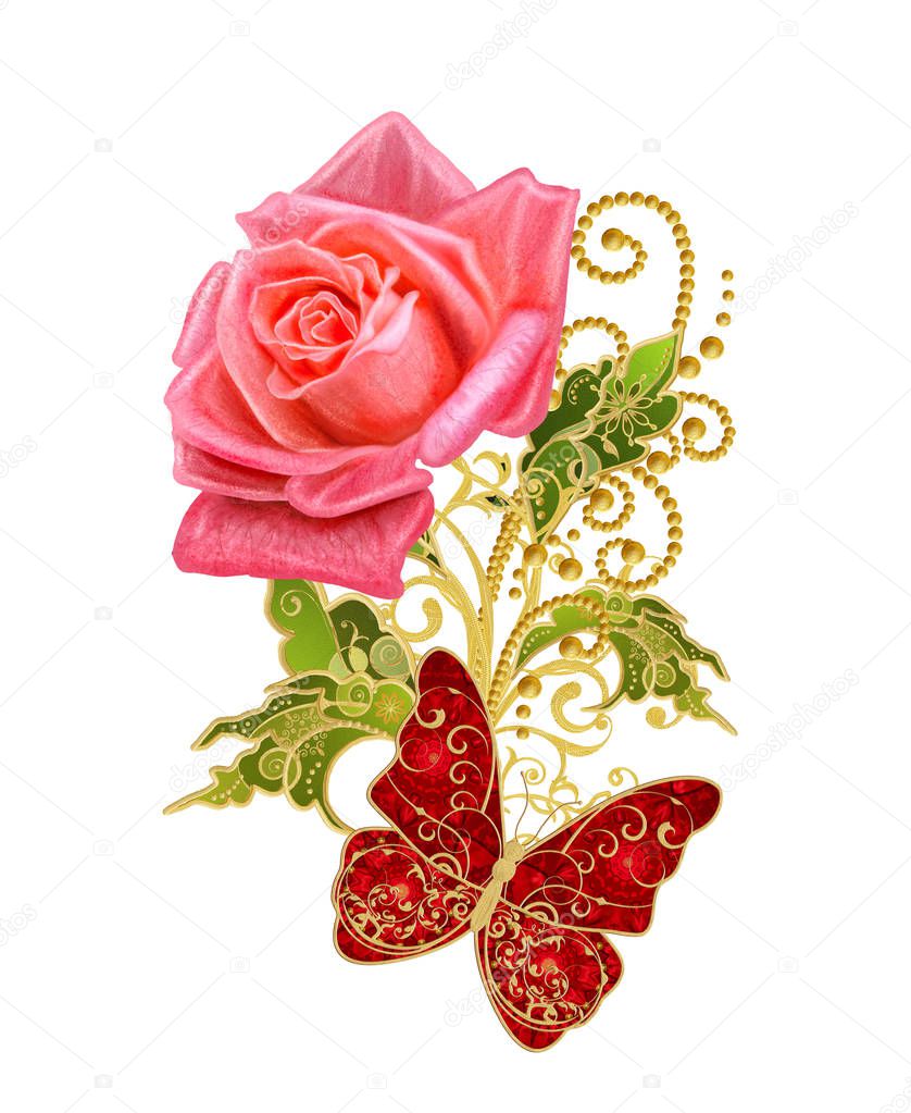 Stylized golden shiny flowers on high stems, bright red rose, elements of paisley decor. Isolated on white background. Openwork weaving delicate, jeweler's butterfly.