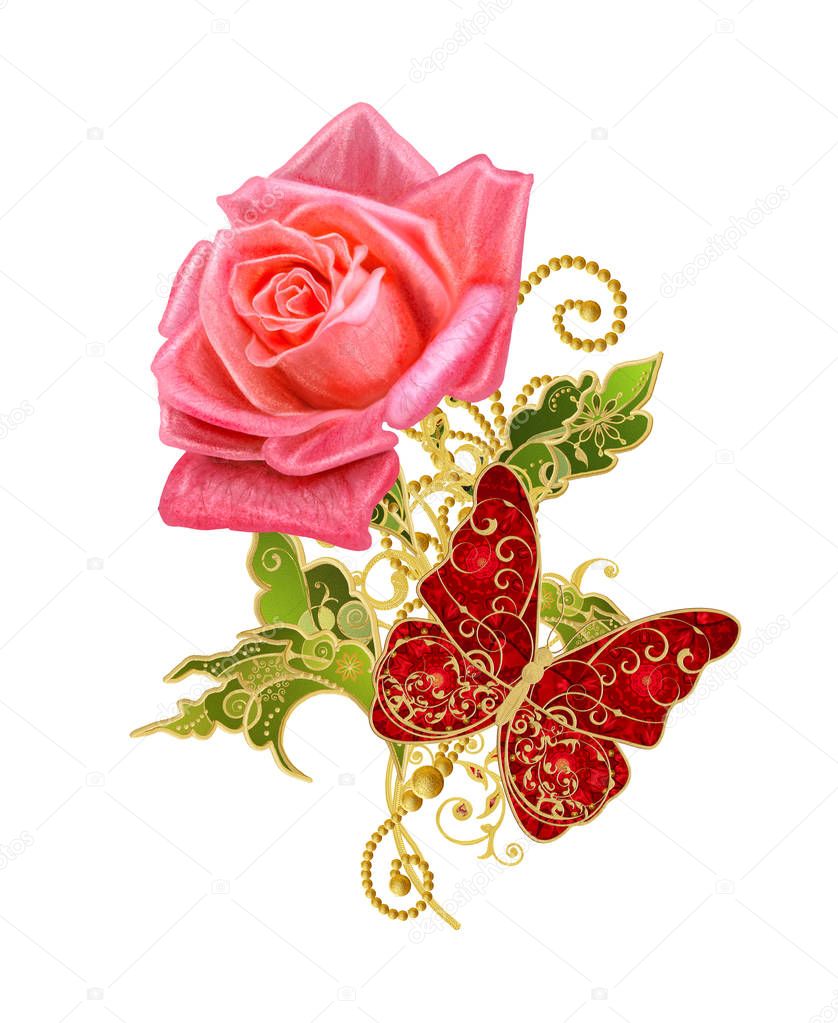 Stylized golden shiny flowers on high stems, bright red rose, elements of paisley decor. Isolated on white background. Openwork weaving delicate, jeweler's butterfly.