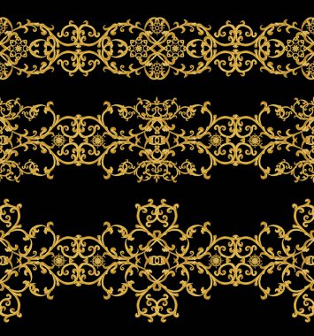 Seamless modeli. Altın dokulu bukleler. Oryantal tarzı Arabesk. Parlak dantel, stilize çiçekler. Narin, altın arka plan dokuma Ajur.