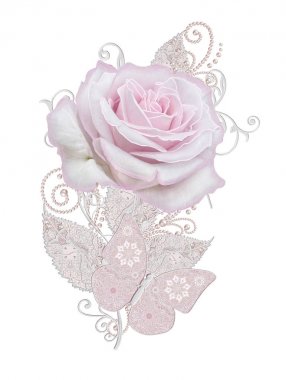 Dekoratif dekorasyon, desenli eleman, hassas dokulu gümüş yaprakları yapılmış güzel dantel ve inci. Mücevherli parlak bukleler, boncuklar, iş parçacığından pastel pembe Gül ahbap. Hassas dokuma Ajur