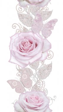 Seamless modeli. Pastel pembe Gül, kelebek dekoratif dekorasyon, desenli öğesi, hassas dokulu gümüş yaprakları yapılmış ince dantel ve inciler, iplik boncuklar, ahbap. Hassas dokuma Ajur.
