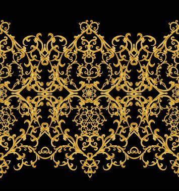 Seamless modeli. Altın dokulu bukleler. Oryantal tarzı Arabesk. Parlak dantel, stilize çiçekler. Narin, altın arka plan dokuma Ajur.