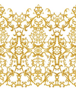Seamless modeli. Altın dokulu bukleler. Oryantal tarzı Arabesk. Parlak dantel, stilize çiçekler. Narin, altın arka plan dokuma Ajur.