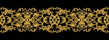 Seamless modeli. Altın dokulu bukleler. Oryantal tarzı Arabesk. Parlak dantel, stilize çiçekler. Narin, altın arka plan dokuma Ajur.