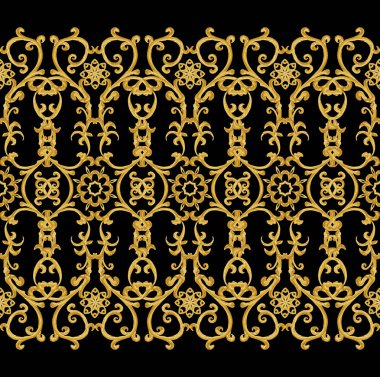 Seamless modeli. Altın dokulu bukleler. Oryantal tarzı Arabesk. Parlak dantel, stilize çiçekler. Narin, altın arka plan dokuma Ajur.