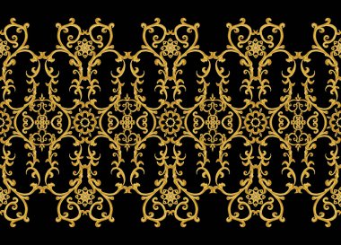 Seamless modeli. Altın dokulu bukleler. Oryantal tarzı Arabesk. Parlak dantel, stilize çiçekler. Narin, altın arka plan dokuma Ajur.