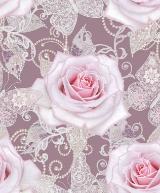 Seamless modeli. Dekoratif dekorasyon, desenli öğesi, hassas dokulu gümüş yaprakları yapılmış ince dantel ve inciler, iplik boncuklar, pastel pembe Gül ahbap. Hassas dokuma Ajur.