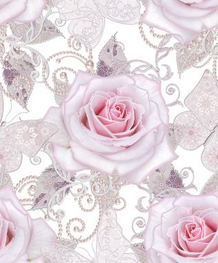 Seamless modeli. Dekoratif dekorasyon, desenli öğesi, hassas dokulu gümüş yaprakları yapılmış ince dantel ve inciler, iplik boncuklar, pastel pembe Gül ahbap. Hassas dokuma Ajur.