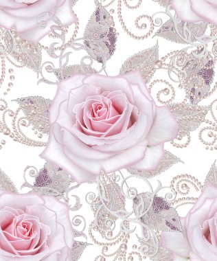 Seamless modeli. Dekoratif dekorasyon, desenli öğesi, hassas dokulu gümüş yaprakları yapılmış ince dantel ve inciler, iplik boncuklar, pastel pembe Gül ahbap. Hassas dokuma Ajur.