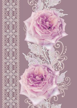 Seamless modeli. Dekoratif dekorasyon, desenli öğesi, hassas dokulu gümüş yaprakları yapılmış ince dantel ve inciler, iplik boncuklar, pastel pembe Gül ahbap. Hassas dokuma Ajur.