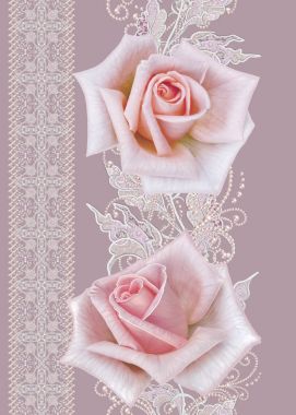 Seamless modeli. Dekoratif dekorasyon, desenli öğesi, hassas dokulu gümüş yaprakları yapılmış ince dantel ve inciler, iplik boncuklar, pastel pembe Gül ahbap. Hassas dokuma Ajur.