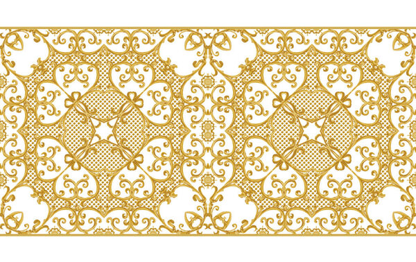 Seamless pattern. Golden textured curls. Oriental style arabesques. Brilliant lace, stylized flowers. Openwork weaving delicate, golden background.