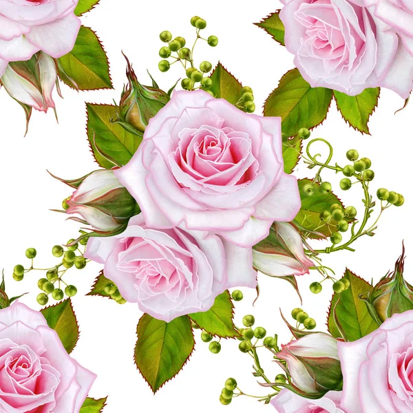 Sömlös blommönster. Ljusa blad, genombrutna vävning, tunna grenar. Blomsterarrangemang, delikat rosa rosor och vita fjärilar — Stockfoto