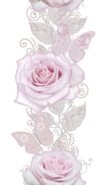 Seamless pattern. Decorative decoration, paisley element, delicate textured silver leaves made of thin lace and pearls, thread of beads, bud pastel pink rose, butterfly. Openwork weaving delicate. — Stock Photo, Image