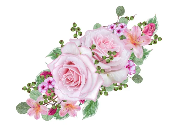 Floraler Hintergrund. Bouquet, Komposition von Blumen, zarten pastellrosa Rosen, Beeren, Zweigen, Blättern. Grußkarte, Einladung, Visitenkarte. isoliert auf weißem Hintergrund. — Stockfoto