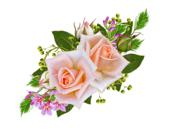 Květinové pozadí. Kytice, složení květin, nabídková pastelově růžové růže, bobule, větve, listy. Blahopřání, pozvánky, vizitky. Izolované na bílém pozadí. — Stock fotografie