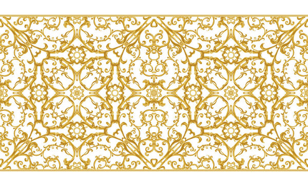 Seamless pattern. Golden textured curls. Oriental style arabesques. Brilliant lace, stylized flowers. Openwork weaving delicate, golden background.