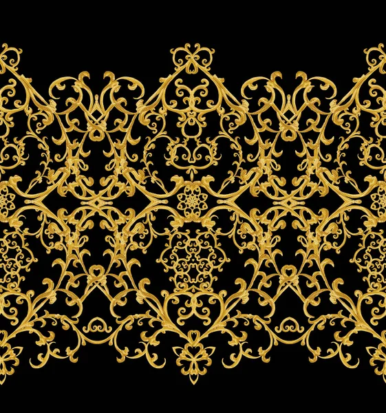Naadloze patroon. Gouden getextureerde krullen. Oosterse stijl arabesken. Briljante lace, gestileerde bloemen. Opengewerkte weven van fijne, gouden achtergrond. — Stockfoto