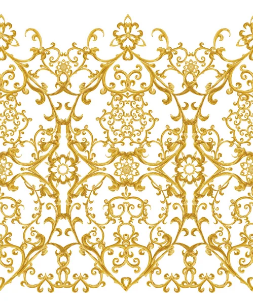 Naadloze patroon. Gouden getextureerde krullen. Oosterse stijl arabesken. Briljante lace, gestileerde bloemen. Opengewerkte weven van fijne, gouden achtergrond. — Stockfoto