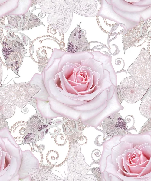 Безшовні візерунки. Декоративне оздоблення, елемент пейслі, ніжне текстуроване срібне листя з тонкого мережива і перлів, нитка з бісеру, бутон пастельно-рожева троянда. Ажурне плетіння делікатне . — стокове фото