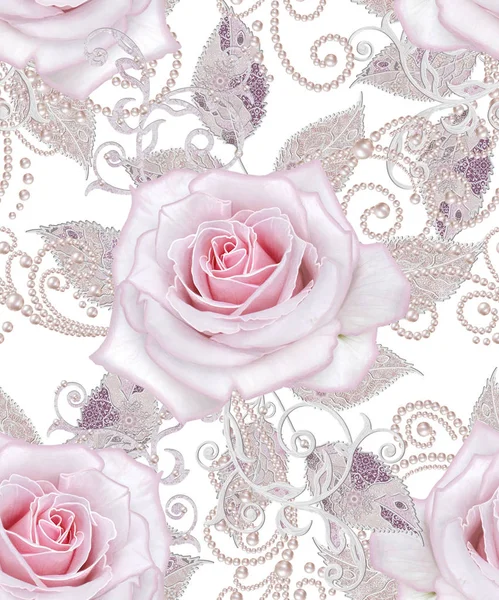 Seamless pattern. Decorative decoration, paisley element, delicate textured silver leaves made of thin lace and pearls, thread of beads, bud pastel pink rose. Openwork weaving delicate. — Stock Photo, Image