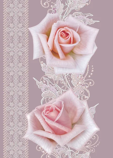Jednolity wzór. Ozdoba ozdobny, paisley element, delikatne lisci srebrne wykonane z cienkiej koronki i perły, nici, koraliki, pąk rose różowy pastel. Tkania delikatne ażurowe. — Zdjęcie stockowe