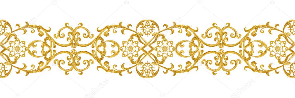 Seamless pattern. Golden textured curls. Oriental style arabesques. Brilliant lace, stylized flowers. Openwork weaving delicate, golden background.