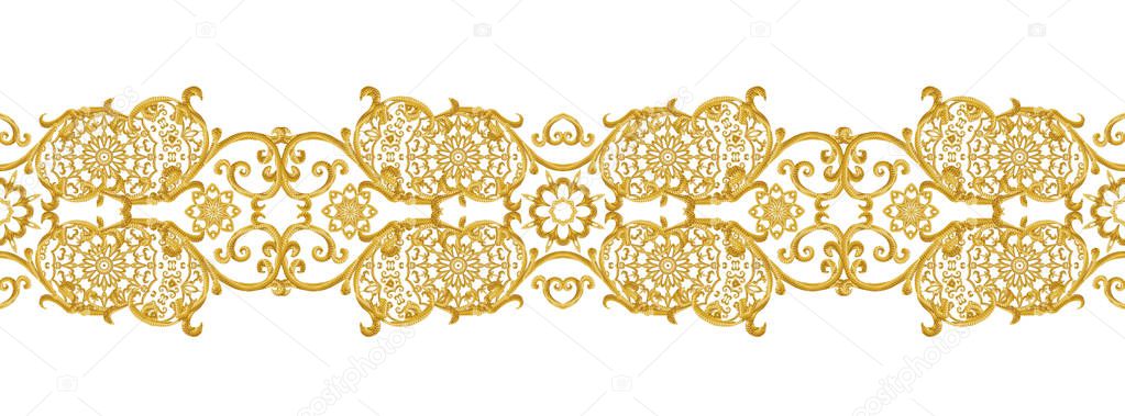 Seamless pattern. Golden textured curls. Oriental style arabesques. Brilliant lace, stylized flowers. Openwork weaving delicate, golden background.