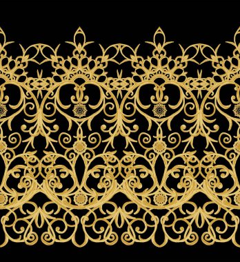 Seamless modeli. Altın dokulu bukleler. Oryantal tarzı Arabesk. Parlak dantel, stilize çiçekler. Narin, altın arka plan dokuma Ajur.