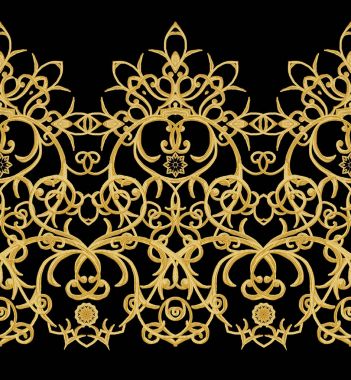 Seamless modeli. Altın dokulu bukleler. Oryantal tarzı Arabesk. Parlak dantel, stilize çiçekler. Narin, altın arka plan dokuma Ajur.