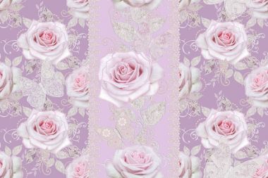 Seamless modeli. Dekoratif dekorasyon, desenli öğesi, narin gümüş yaprakları ince dantel ve inciler dokulu, iplik boncuklar, bud pastel pembe Gül, kuyumcu 's kelebek Ajur dokuma 