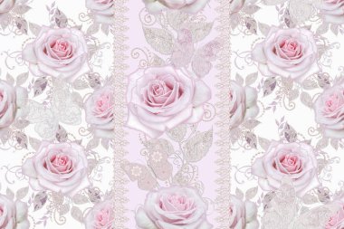 Seamless modeli. Dekoratif dekorasyon, desenli öğesi, narin gümüş yaprakları ince dantel ve inciler dokulu, iplik boncuklar, bud pastel pembe Gül, kuyumcu 's kelebek Ajur dokuma 