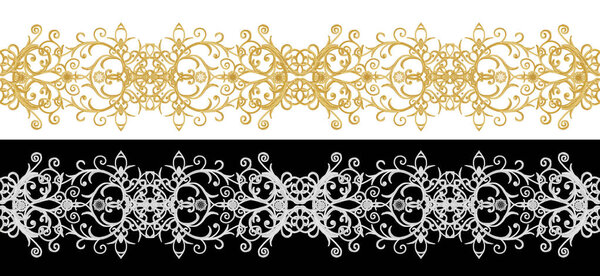 Seamless pattern. Golden textured curls. Oriental style arabesques. Brilliant lace, stylized flowers. Openwork weaving delicate, golden background.