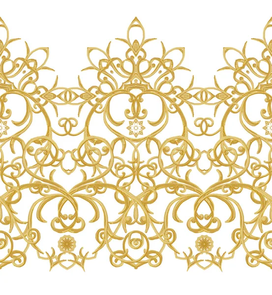 无缝模式 纹理的金色卷发 东方风格蔓藤花纹 辉煌的花边 程式化的花 镂空编织细腻 金色背景 — 图库照片