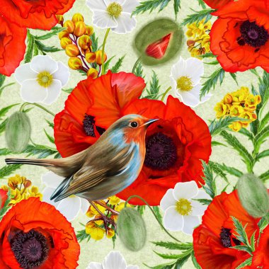 Çiçek deseni sorunsuz. Kırmızı parlak poppies, beyaz çiçekler anemon, yeşil yapraklar, küçük parlak turuncu kuş oturuyor.