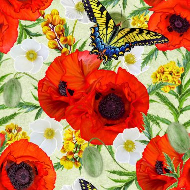 Çiçek deseni sorunsuz. Kırmızı parlak poppies, beyaz çiçekler anemon, yeşil yaprakları, kelebek.