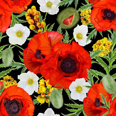 Çiçek deseni sorunsuz. Kırmızı parlak poppies, beyaz çiçekler anemon, yeşil yaprakları.