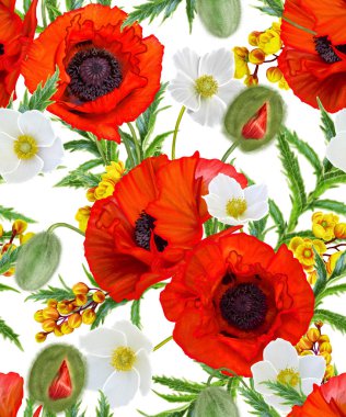 Çiçek deseni sorunsuz. Kırmızı parlak poppies, beyaz çiçekler anemon, yeşil yaprakları.