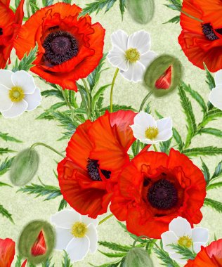 Çiçek deseni sorunsuz. Kırmızı parlak poppies, beyaz çiçekler anemon, yeşil yaprakları.